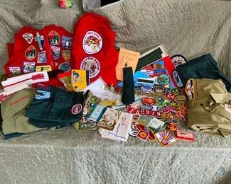 Vintage and Retro BSA
Uniforms: pants, shorts, and shirts, patches, red felt vests, vintage red wool jacket w/black bull applique and BSA patches on back, hats, kerchiefs, leather belt, canvas belt with metal award, ties, sash with badges, Order of the Arrow sash, , NM BSA map. Size tags ripped off shirts except one is 15" neck. No size tags in pants or shorts.