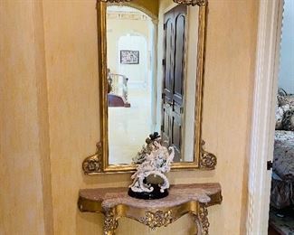 $800 SET
HALLWAY HALF-MOON MARBLE TOP WOOD GOLD TABLE WITH GRAPES
46”L x 15”D x 29”H 
ORNATE FLORAL GOLD MIRROR 
66”L x 41.5”W
