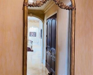 $800 SET
HALLWAY HALF-MOON MARBLE TOP WOOD GOLD TABLE WITH GRAPES
46”L x 15”D x 29”H 
ORNATE FLORAL GOLD MIRROR 
66”L x 41.5”W