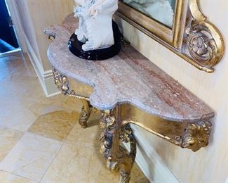 $800 SET
HALLWAY HALF-MOON MARBLE TOP WOOD GOLD TABLE WITH GRAPES
46”L x 15”D x 29”H
ORNATE FLORAL GOLD MIRROR
66”L x 41.5”W