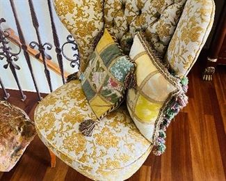 $200 EACH 
TWO YELLOW / BEIGE FLORAL TUFTED WINGBACK ARMLESS CHAIRS 
26.5”W x 25.5”D x 36.5”H 