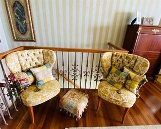 $200 EACH 
TWO YELLOW / BEIGE FLORAL TUFTED WINGBACK ARMLESS CHAIRS 
26.5”W x 25.5”D x 36.5”H 