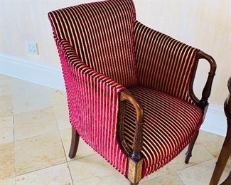 $395 EACH
2 SOUTHWOOD WOODEN FRAME BURGUNDY AND GOLD STRIPE UPHOLSTERED CHAIR 
24”W x 23”D x 36.5”H 
