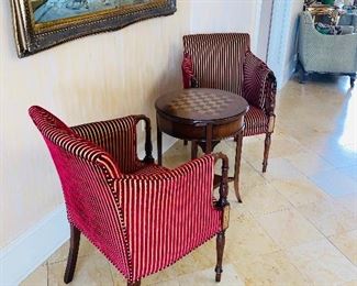 $395 EACH
2 SOUTHWOOD WOODEN FRAME BURGUNDY AND GOLD STRIPE UPHOLSTERED CHAIR 
24”W x 23”D x 36.5”H 
