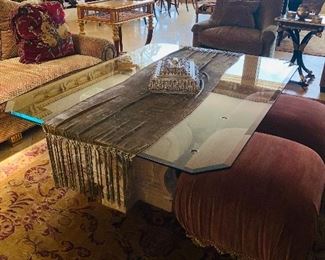 $400
(SMALL ROUND CHIP ON TOP)
DESIGN CENTER GLASS TOP TABLE 
64”L x 48”W x 22.75”H 
