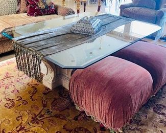 $400
(SMALL ROUND CHIP ON TOP)
DESIGN CENTER GLASS TOP TABLE 
64”L x 48”W x 22.75”H 
