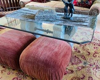 $400
(SMALL ROUND CHIP ON TOP)
DESIGN CENTER GLASS TOP TABLE 
64”L x 48”W x 22.75”H 