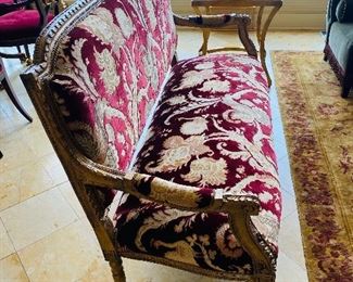 $900 SET
2 CUSTOM MADE UPHOLSTERED BURGUNDY FLORAL ARMCHAIRS
25.5”W x 22”D x 42.5H 
AND 
CUSTOM MADE BURGUNDY FLORAL SETTEE SOFA
63”L x 23.25”D x 41”H 