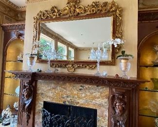 $400
ANTIQUE ORNATE GOLD MIRROR ABOVE FIREPLACE (SOME CRACKS DUE TO AGE)
84”L x 3”D x 67”H 
