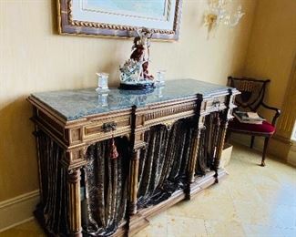 $500
LONG BUFFET TABLE WITH MARBLE TOP AND VELVET CURTAINS 
67”L x 23.25”D x 39.5”H