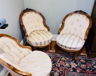 $150 FOR ALL 3
3 ANTIQUE CHAIRS - NEED TO BE REUPHOLSTERED 
21.5”W x 28.5”D x 31.5”H 