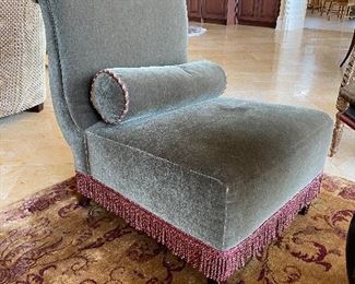 $2,000 EACH -2 BAKER FURNITURE MOHAIR VELVET GREEN UPHOLSTERED ARMLESS CHAIRS WITH ROUND PILLOW 25.5”W x 31.5”D x 35.5”H