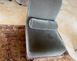 $2,000 EACH -2 BAKER FURNITURE MOHAIR VELVET GREEN UPHOLSTERED ARMLESS CHAIRS WITH ROUND PILLOW   25.5”W x 31.5”D x 35.5”H 