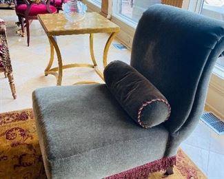 $2,000 EACH -2 BAKER FURNITURE MOHAIR VELVET GREEN UPHOLSTERED ARMLESS CHAIRS WITH ROUND PILLOW   25.5”W x 31.5”D x 35.5”H 
