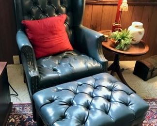 Blue Leather Chair with Ottoman
