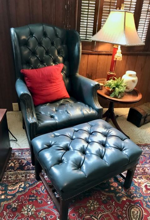 Blue Leather Chair with Ottoman