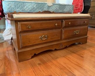 #19	lane cedar chest with tapestry top  48.5x22x18  as is hinge	 $125.00 
