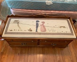 #19	lane cedar chest with tapestry top  48.5x22x18  as is hinge	 $125.00 
