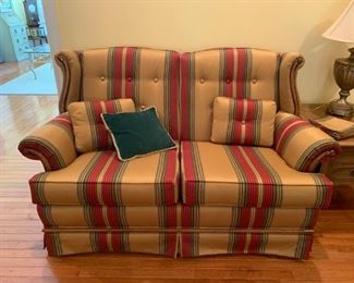 #20	gold red green button back love seat 62 wide (2) @ 75 ea.
