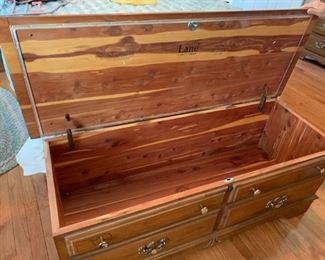 #19	lane cedar chest with tapestry top  48.5x22x18  as is hinge	 $125.00 
