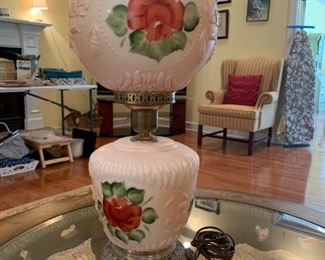 #25	peach rose gone with wind lamp  22.5tall	 $75.00 

