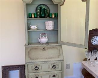 #37	green painted sectary with 3 drawers as 6 drawer in side  and 1 glass door as is coloring  27x16x74	 $65.00 
