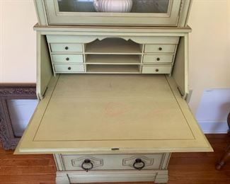 #37	green painted sectary with 3 drawers as 6 drawer in side  and 1 glass door as is coloring  27x16x74	 $65.00 
