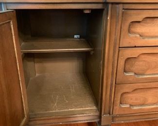 #50	china cabinet 3 drawers 2 door bottom 1 gold/glass door 2 piece 58x17x74	 $125.00 
