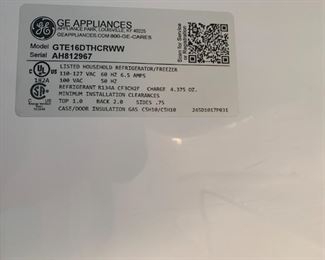 #54	GE 16 cu frig gte16Dthcrww white 	 $175.00 
