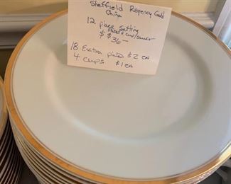 #83	Sheffield Regency gold china 12 plates and cup saucer $36 	 $36.00 
#84	Sheffield Regency gold china 18 extra plates 4 cups 	 $40.00 
