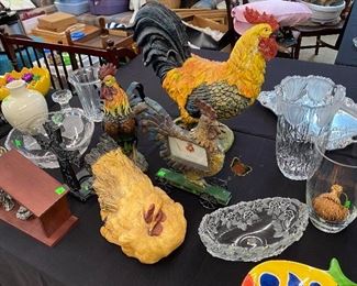 Assortment of Hens & Roosters, Creche & Nativity Figurines, Relish Dish, Vases