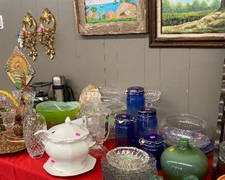 Wall Sconces, Soup Tureen, Assorted Kitchen Items, Assorted Serving Dishes, Decorative Ladder, Hobnail Vase, Fenton Rose Basket, Crystal Candy Dish