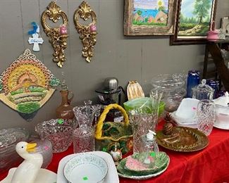 Wall Sconces, Soup Tureen, Assorted Kitchen Items, Assorted Serving Dishes, Decorative Ladder, Hobnail Vase, Fenton Rose Basket, Crystal Candy Dish, Goose Figurine, Talavera Fruit Basket