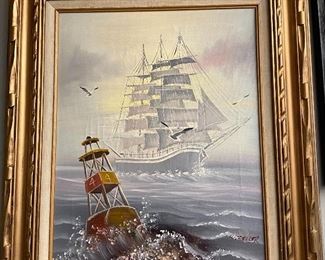 Oil on Canvas, Framed, Signed W. Zeller, Buoy, Ship on the High Seas