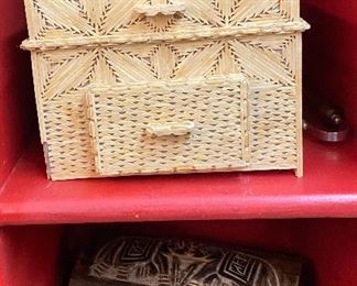 Hand Carved Wooden Box, Hand Woven Trinket Box