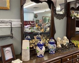 70's Dark Furniture Heavy Wood Dresser with Mirror, Desk with Hutch, Talavera Ginger Jars, Assorted Household Items