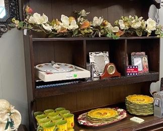 70's Dark Furniture Heavy Wood Dresser with Mirror, Desk with Hutch, Talavera Ginger Jars, Assorted Household Items