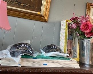Garza the Man the Legend Baseball Caps, Tin Waste Basket/Vase, Paper Roses