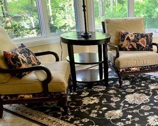 Pair Open Armchairs with Decorative Throw Pillows, Oriental Rug