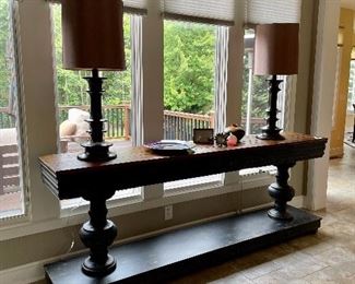 Large Distressed ARHAUS “Chorus Theory” Console Table and Pair Desk Lamps, French Silk Shades