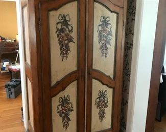 Pine Armoire With Hand Painted Panels, Inside Has Drawers, Shelves and Built-In TV Stand 