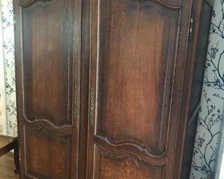 English Dark Oak Antique Armoire With Shelves