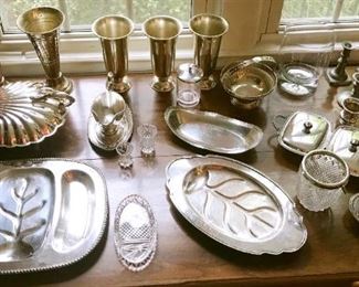 Assorted Silver & Crystal Serving Pieces, Pewter Candlestick Holders And Vases. 