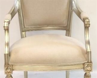 164 - Alden Parkes silver wash upholstered arm chair Crack thru on top of arm 42 x 24 x 22
