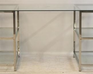 214 - Glass top & chrome base desk 30 x 63 x 31 1/2 Glass shelves on sides
