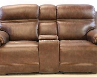 265 - Leather Italia Fresno 2 person loveseat w/ console Electric recliner motion Lift top middle console w/ cup holders Baseball stitch 41 x 79 x 37
