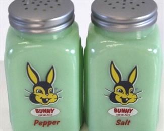 2010 - Pair Jadeite Bunny Bread salt & pepper shakers 3 3/4" tall
