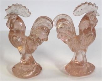 2019 - Pair pink glass rooster figures 4 1/2" tall
