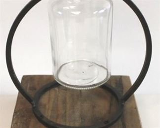 2046 - Glass bottle in metal & wood holder 8 x 6
