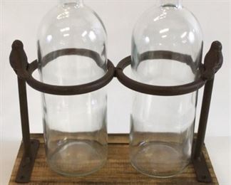 2047 - 2 Glass bottles in metal & wood holder 10 x 8 3/4
